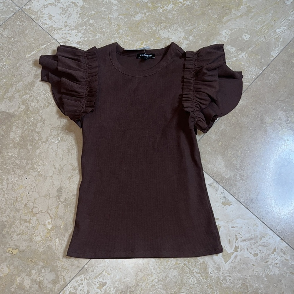 💕NWT Express Brown Short Sleeve Top with Puff Shoulders💕 - Picture 5 of 5